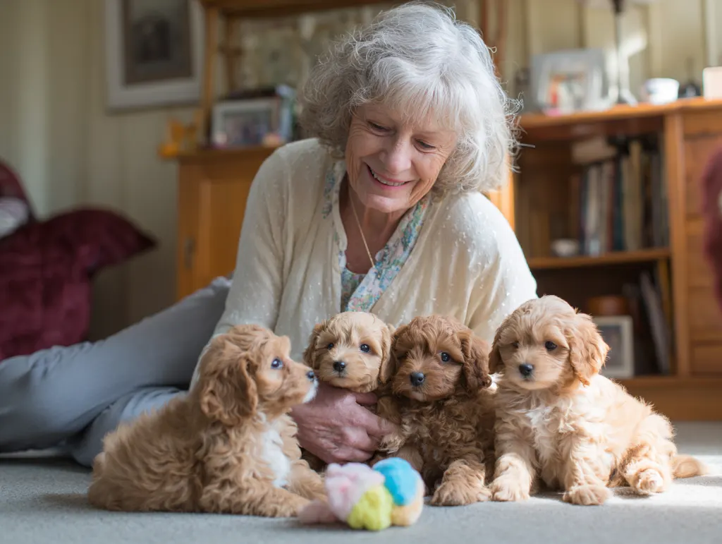 A caring breeder with a litter of happy puppies