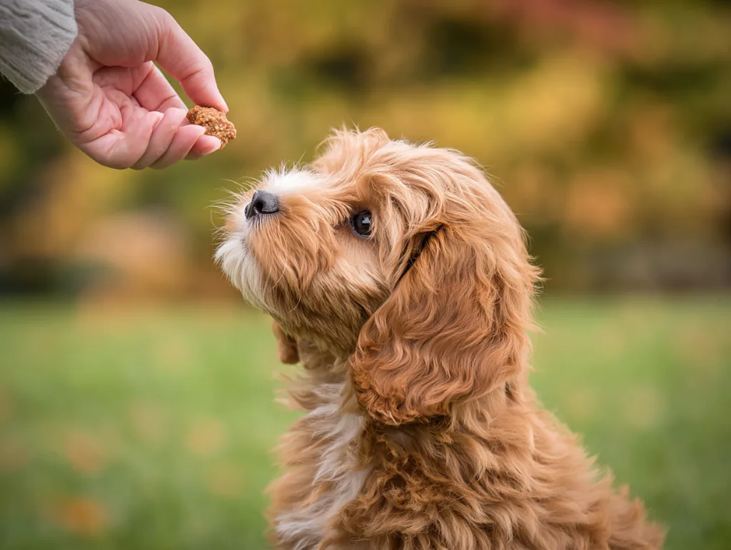 Cavapoo puppy being trained with a treat