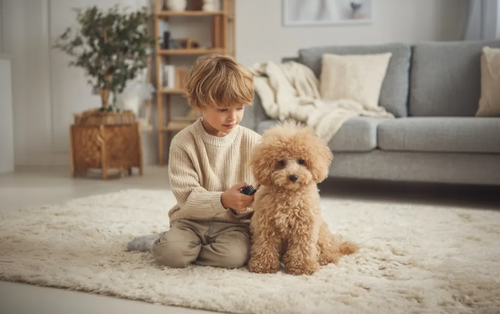 Child grooming a poodle puppy