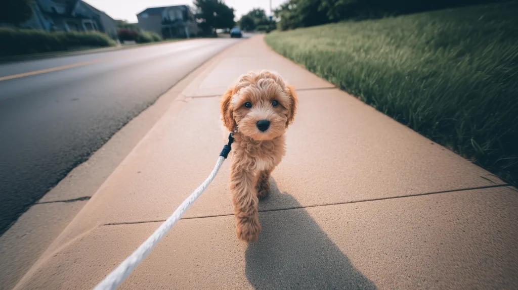 Puppy walking on a sidewalk